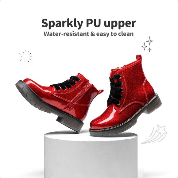 ⭐ Little Girls Waterproof Ankle Combat Boots Toddler Lace Up Side Zipper - Picture 3 of 5